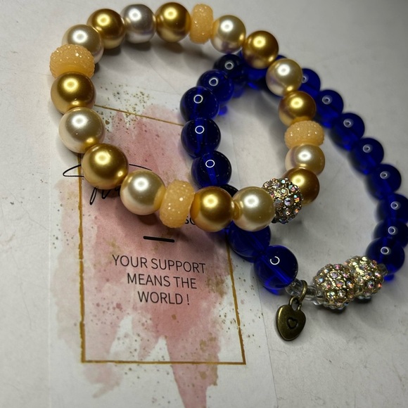 Gold Pearl & Blue Crystal Bracelet Set - Picture 2 of 2